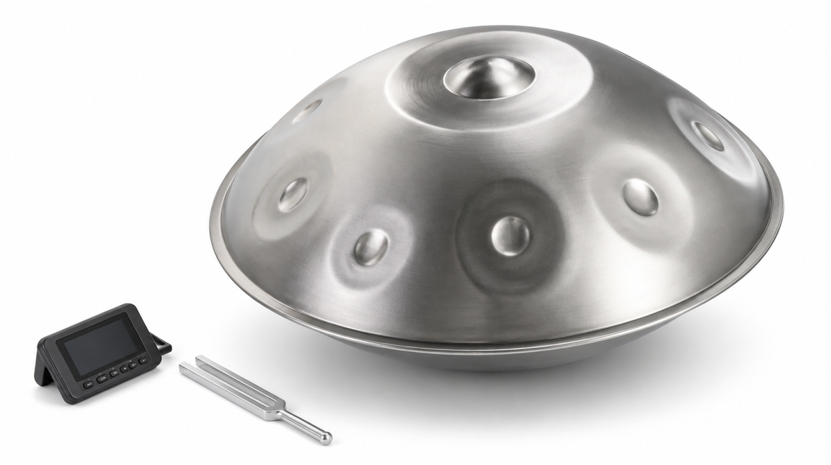 Handpan accompagnÃ© d un accordeur chromatique et d un diapason en acier Image