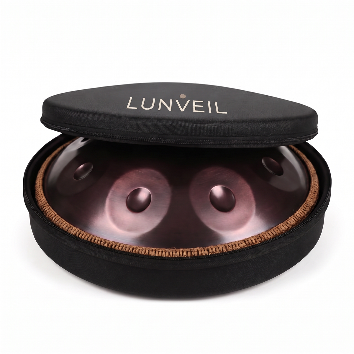 Handpan VELKAR dans sa housse de transport rembourrée Lunveil