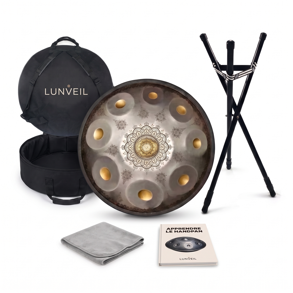 Pack handpan EATHÜNA Lunveil : instrument, housse, trépied, chiffon et méthode