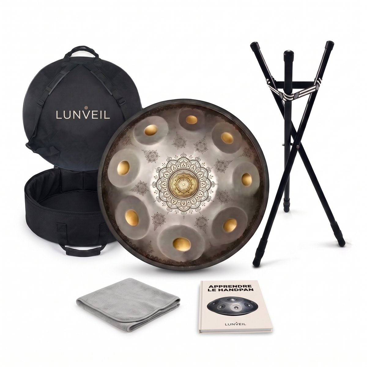 Pack handpan EATHÜNA Lunveil : instrument, housse, trépied, chiffon et méthode