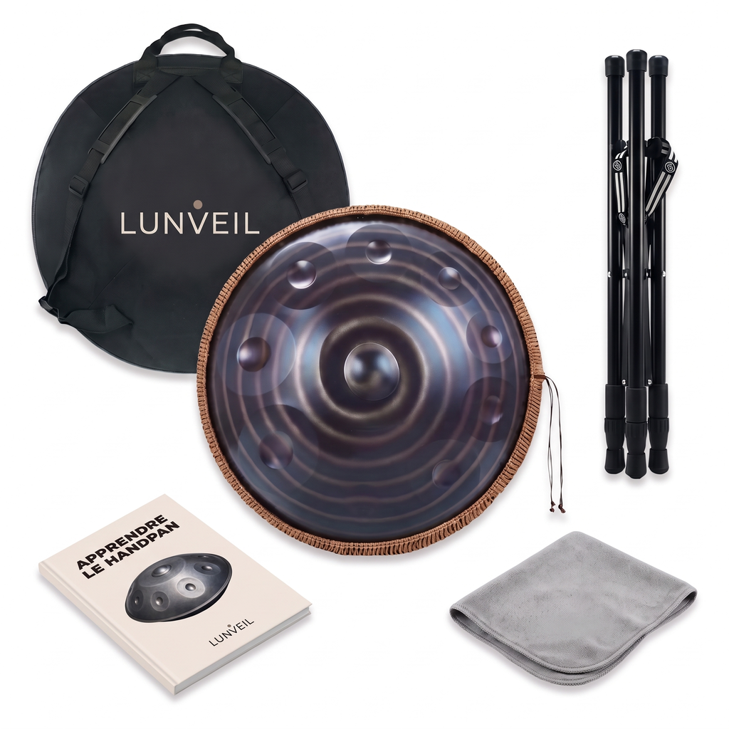Pack handpan ELÜNA Lunveil : instrument, housse, trépied, chiffon et méthode