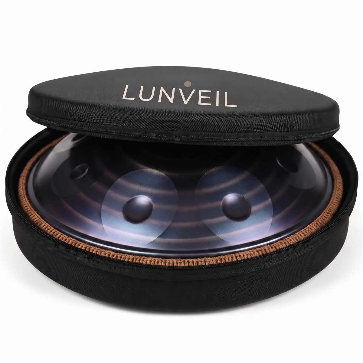 Handpan ELÜNA dans sa housse de transport rembourrée Lunveil
