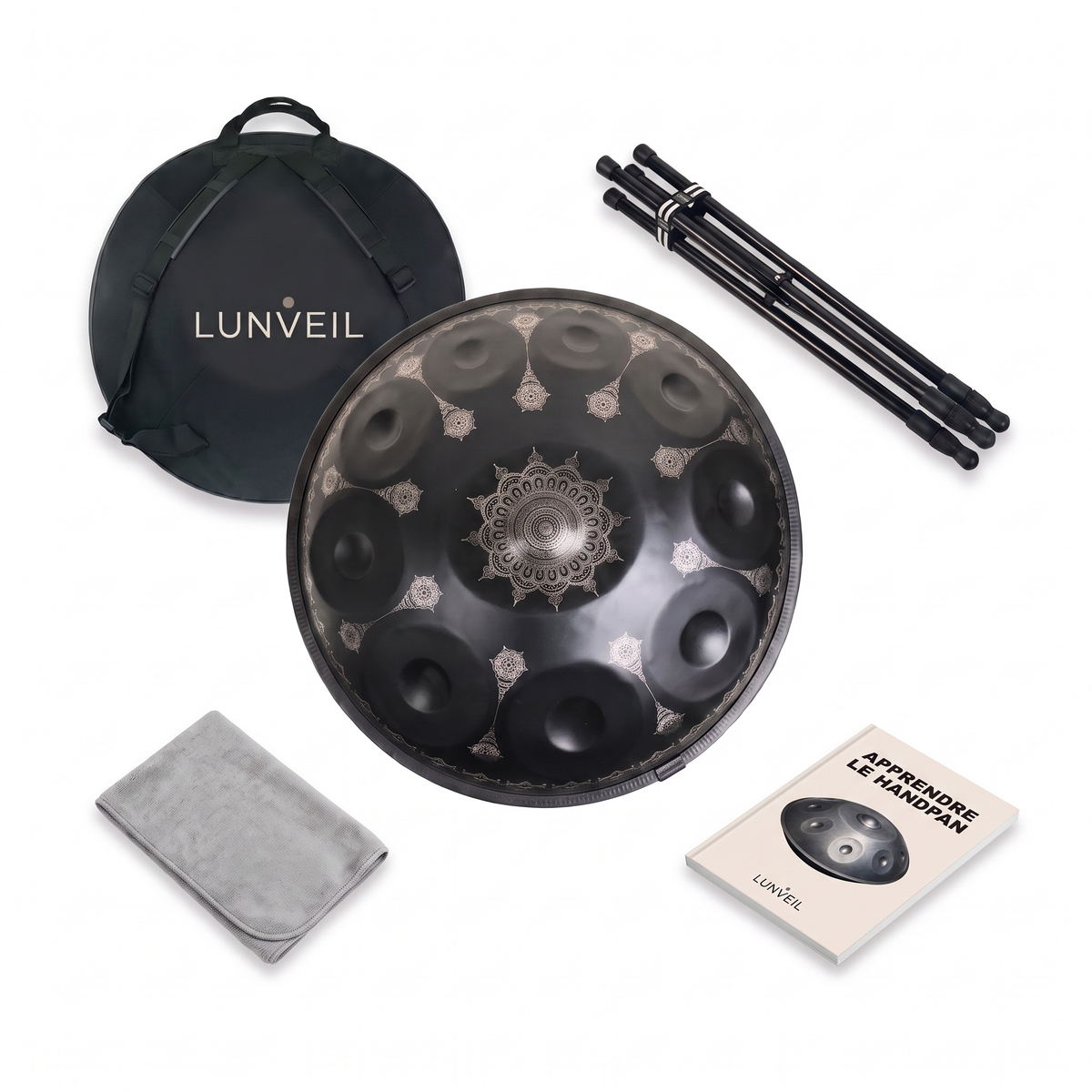 Pack handpan AELION Lunveil : instrument, housse, trépied, chiffon et méthode
