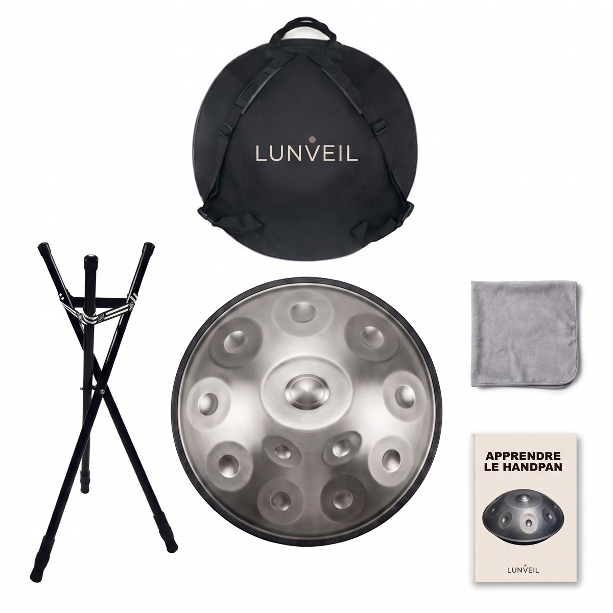 Pack handpan THALYS Lunveil : instrument, housse, trépied, chiffon et méthode