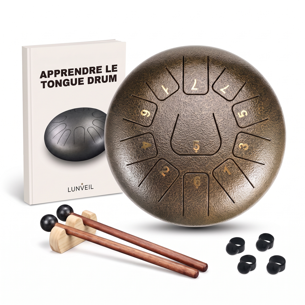 Pack tongue drum SELYA marron avec méthode Lunveil, mailloches et protège-doigts