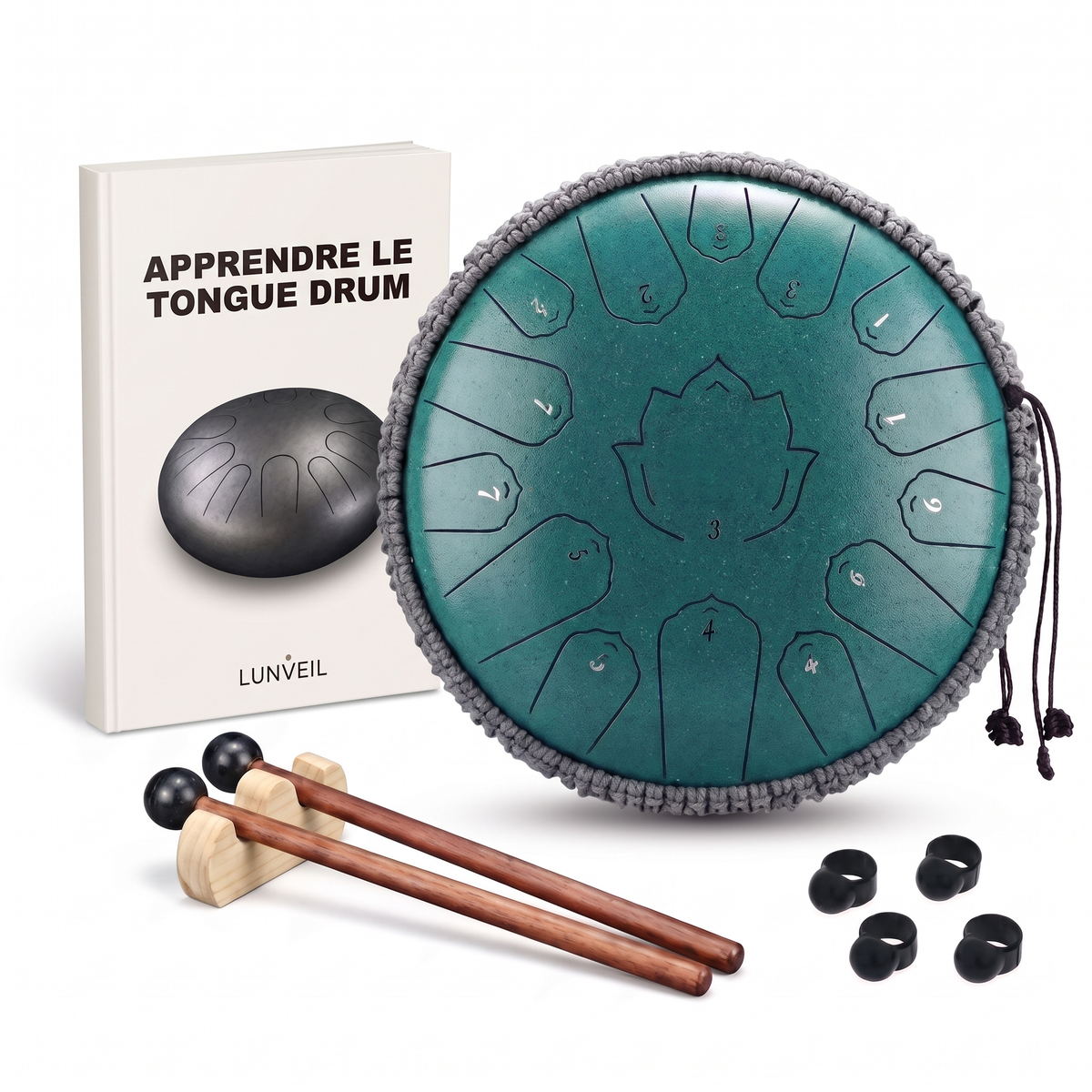 Pack tongue drum LÛMIR vert avec méthode Lunveil, mailloches et protège-doigts