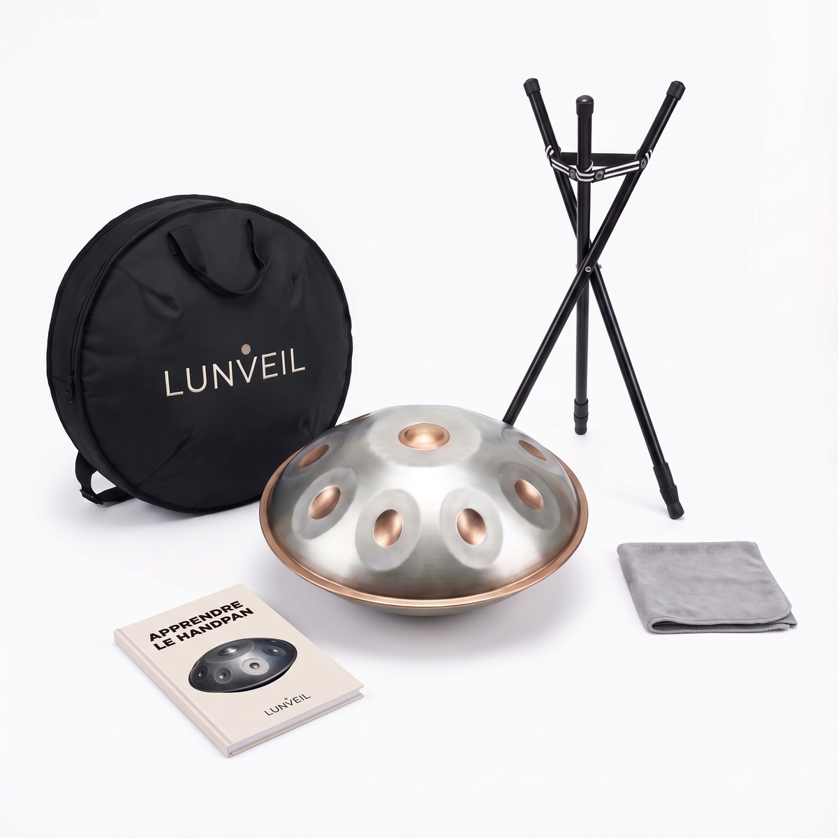 Pack handpan LUMAE Lunveil : instrument, housse, trépied, chiffon et méthode