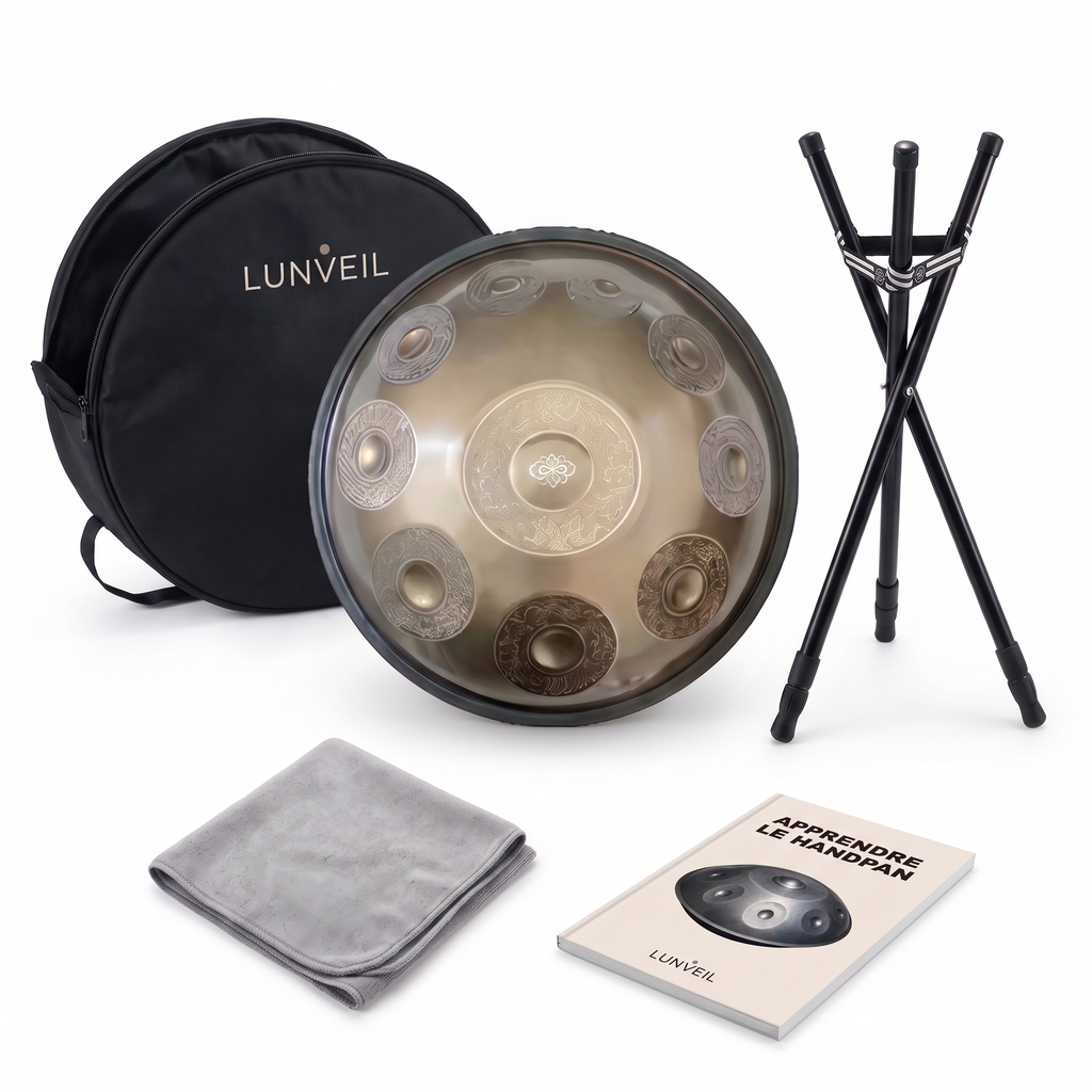 Pack handpan NAÏROS Lunveil : instrument, housse, trépied, chiffon et méthode