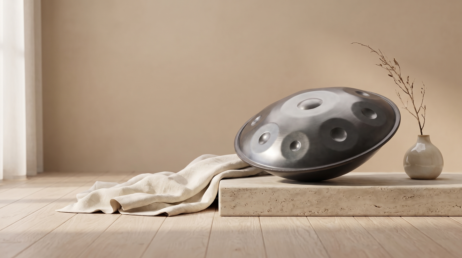 Handpan posé sur un socle en pierre dans un salon lumineux
