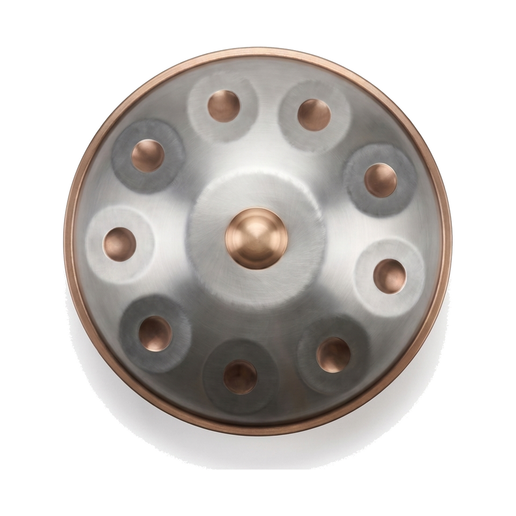 Handpan LUMAE vu de dessus, gamme D Kurd, champ tonal visible