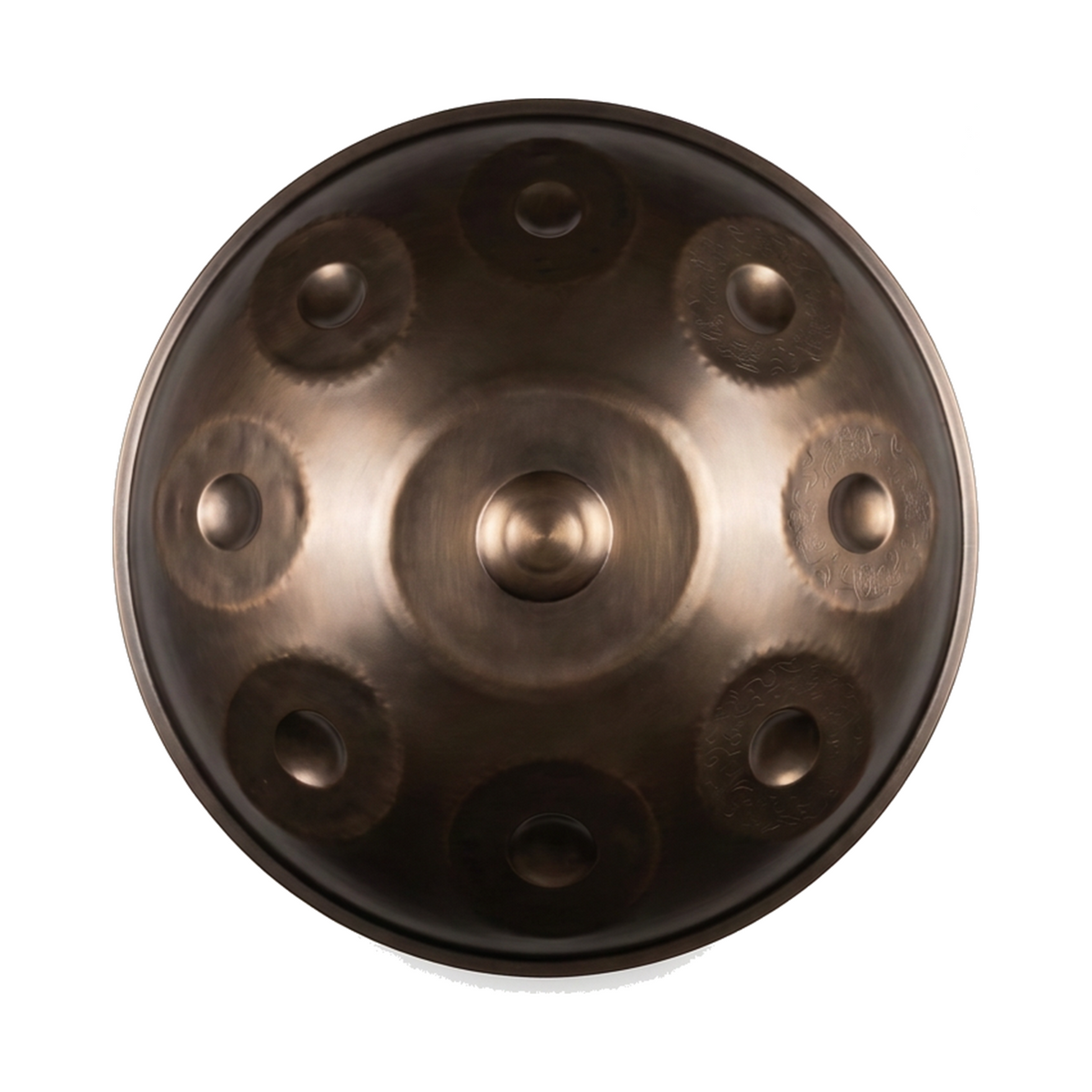 Handpan ORINTHA vu de dessus, gamme D Kurd, champ tonal visible